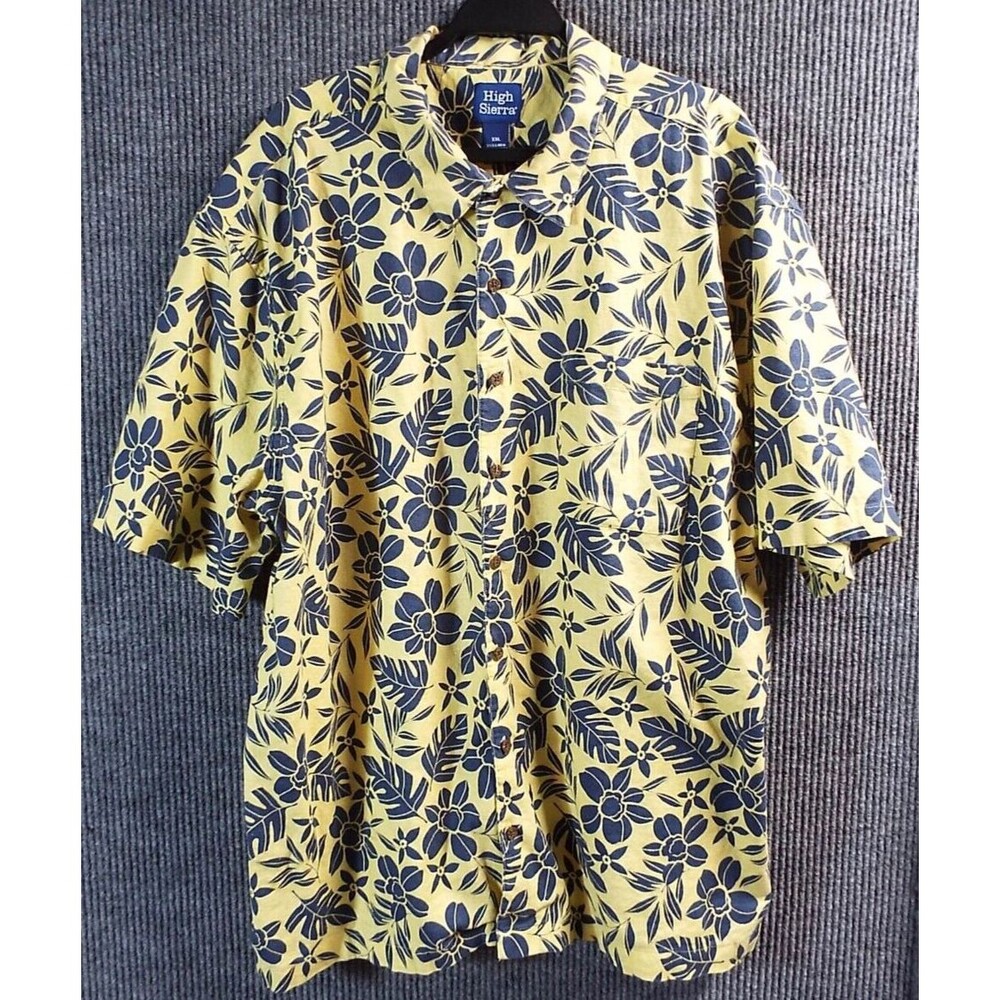 High Sierra Men Button Up Shirt Large White Linen‎ Hawaiian Tropical Leaves READ